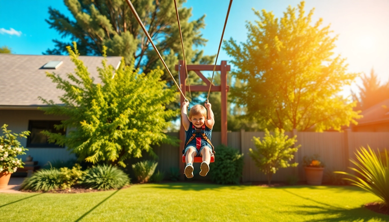 Kids enjoying contrasting zip wire kits in a sunlit backyard adventure.