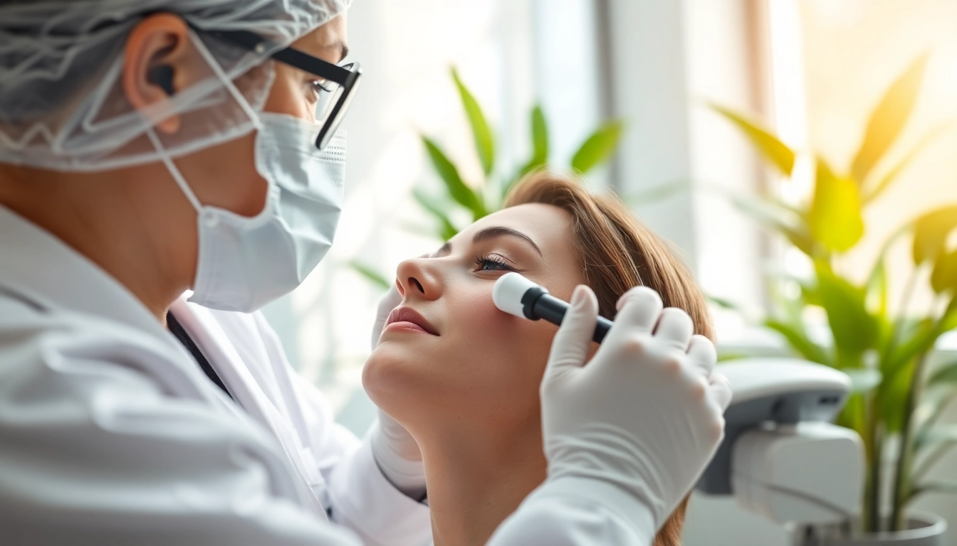 Apollo Dermatology consultation with a dermatologist examining patient's skin in a bright clinic.