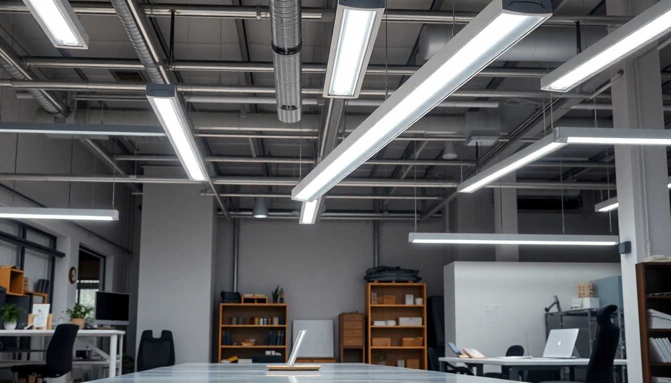 Showcase COMLED lighting solutions illuminating a modern industrial workspace design.