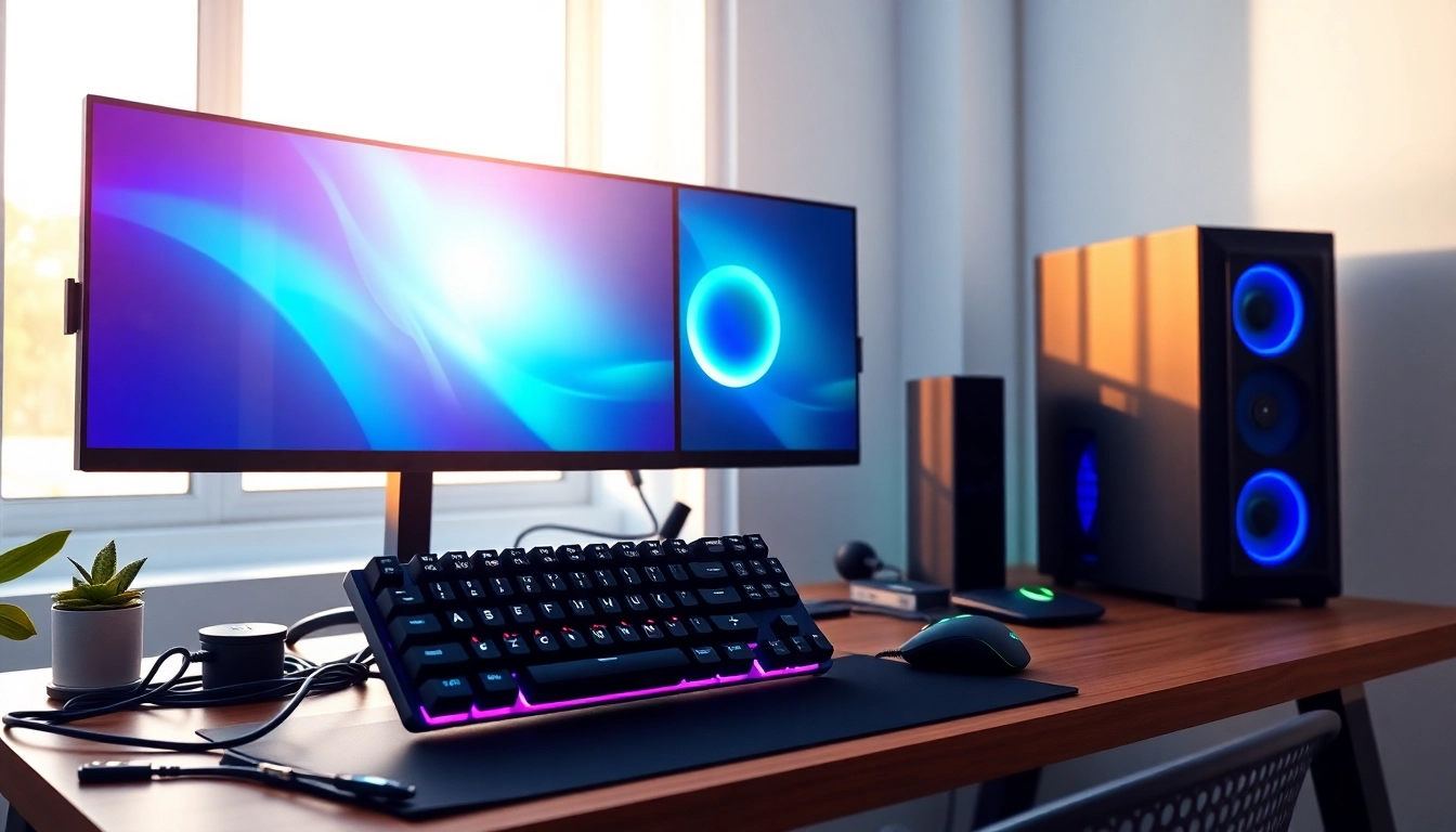 Showcase a vibrant gaming computer setup featuring RGB keyboard and sleek design.