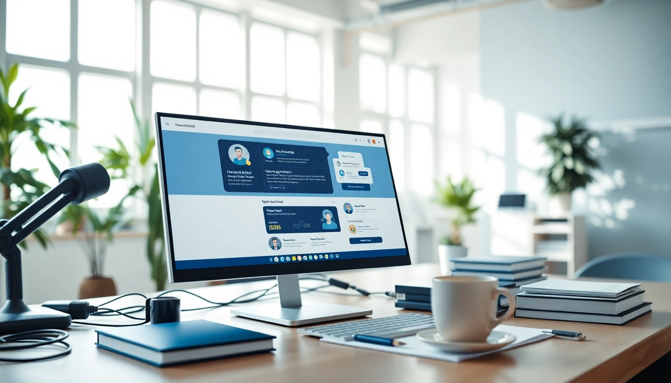 Engaging website chatbot interface displayed in a modern office setting.
