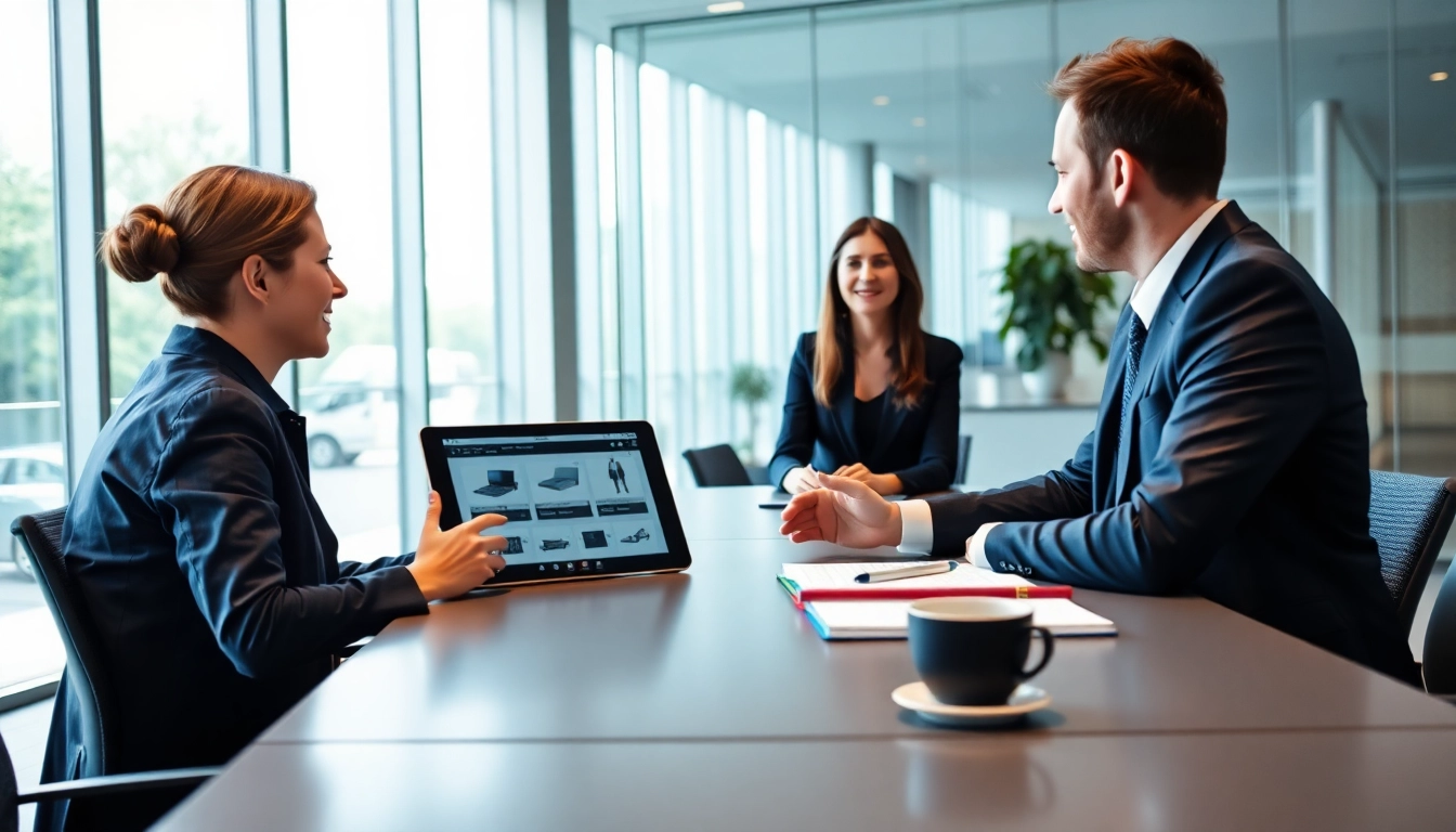 B2B buyer engaging in a video call at a conference table, showcasing professionalism and modern business.