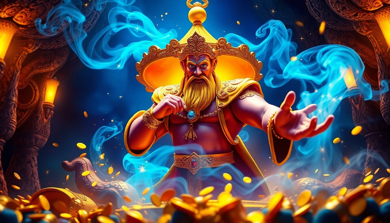 Golden genie emerging from a treasure-filled cave, surrounded by gold coins and colorful artifacts.