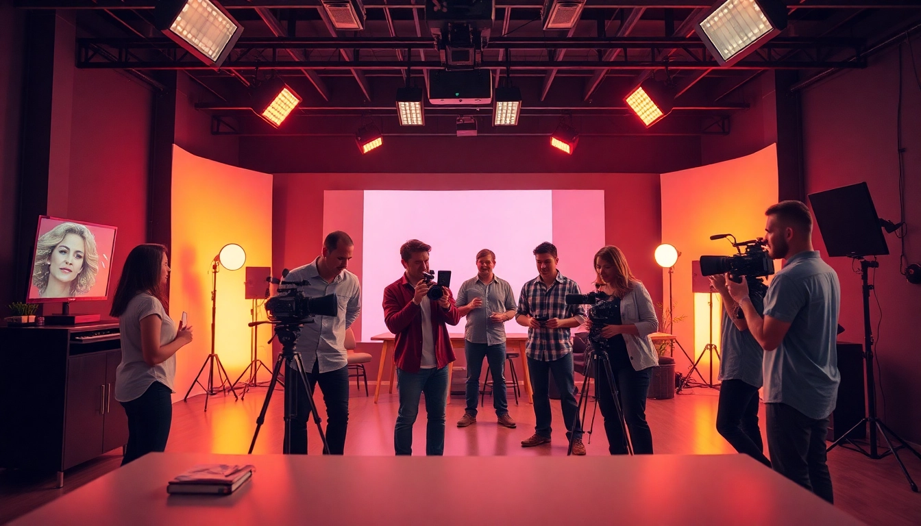 Creative team engaged in 영상제작, showcasing collaboration and vibrant energy in a modern studio.