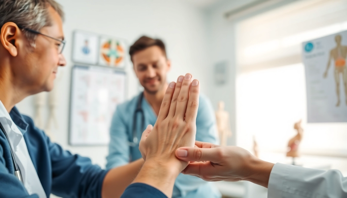 Rheuma Untersuchung durch einen Arzt, der die Gelenke einer Patientin prüft.
