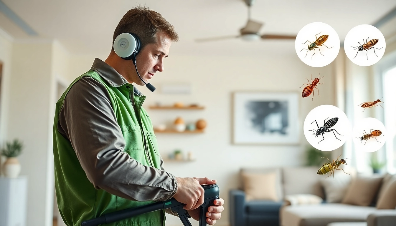 Pest control services conducted by a technician in a well-lit home environment, ensuring effective pest eradication.