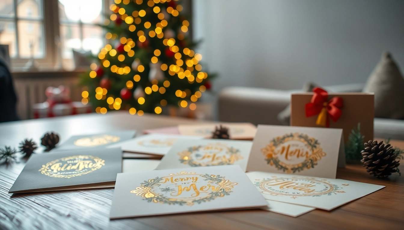 Last-minute Christmas cards London beautifully displayed on a festive table with holiday decorations.