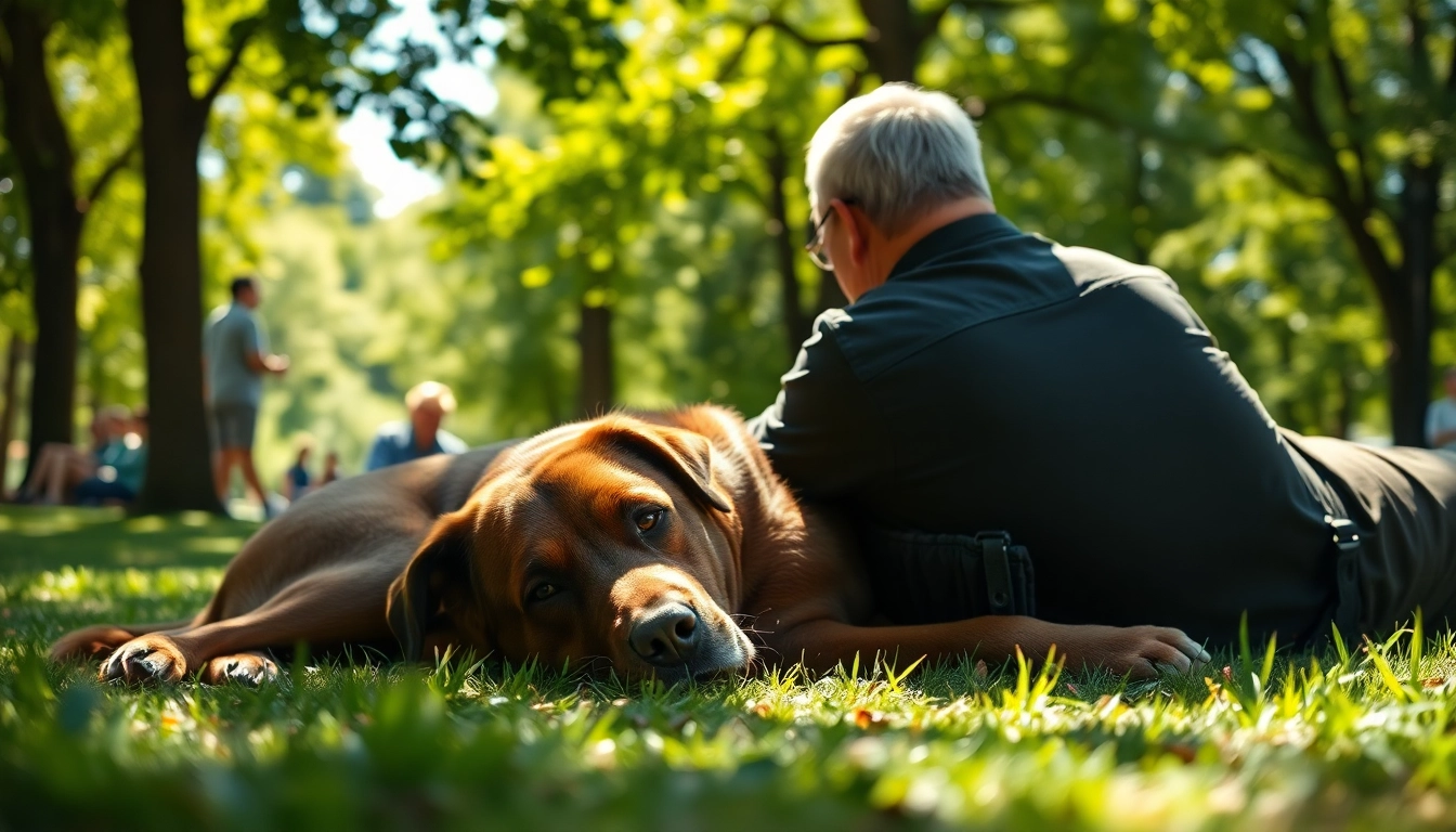 PTSD service dogs supporting veterans in a peaceful park, highlighting their bond and healing presence.