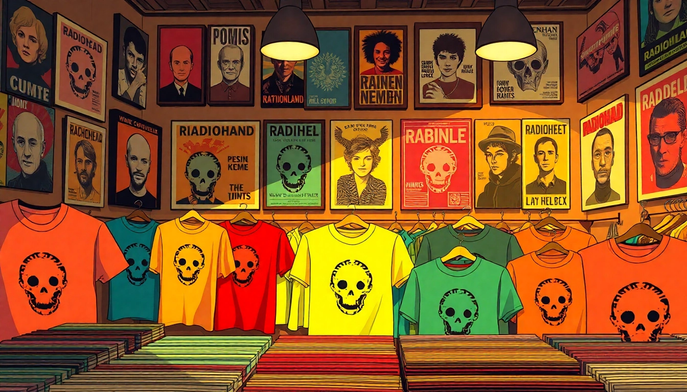 Showcasing vibrant radiohead merch, including t-shirts and vinyl records in a cozy music shop.