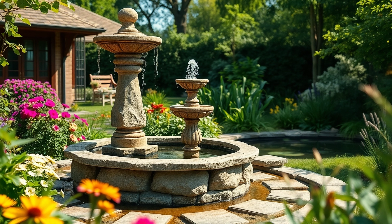 Gartenbrunnen in einem einladenden Garten mit farbenfrohen Blumen und natürlichem Wasserfluss.
