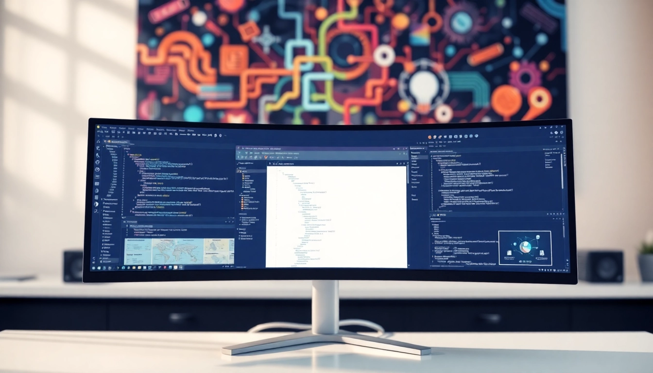 Microsoft Visual Studio in einer modernen Entwicklungsumgebung, ausgestattet mit Code-Bildschirmen und Kreativwerkzeugen.