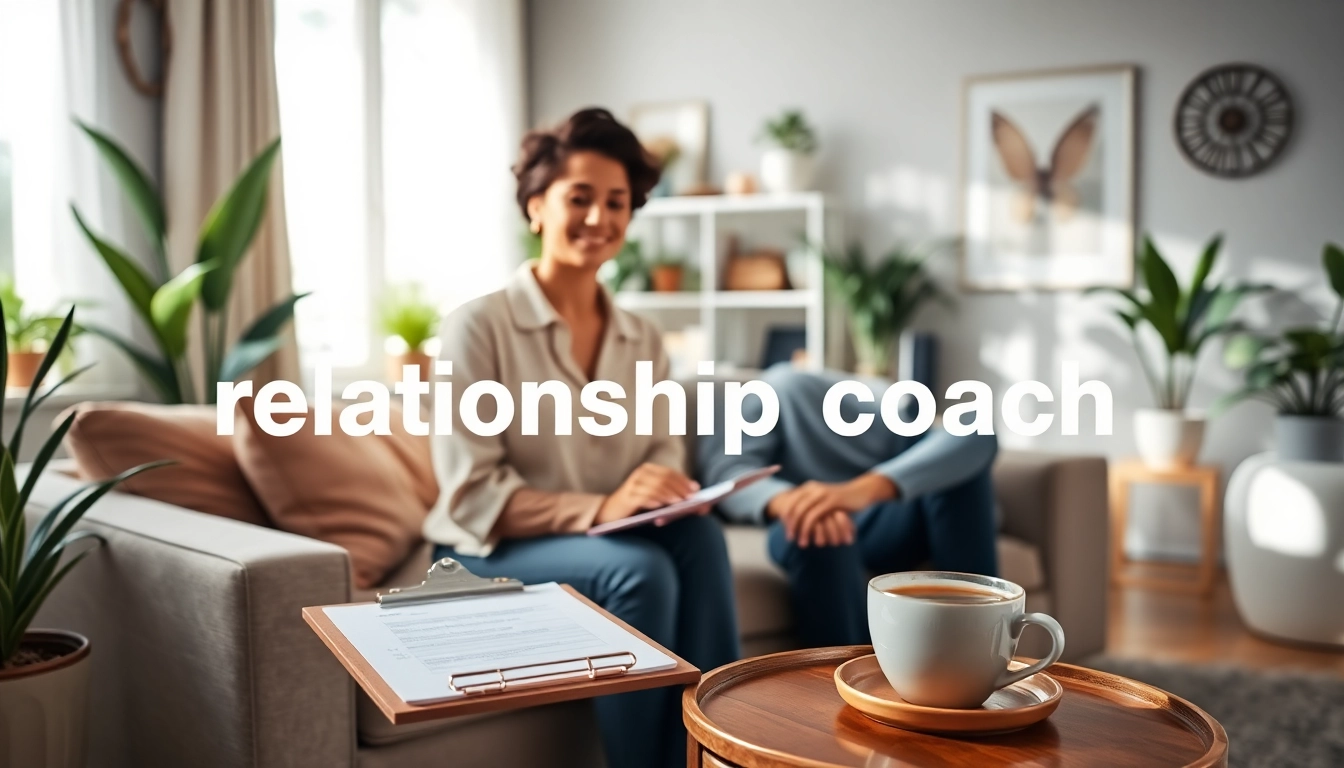Empathetic relationship coach guiding clients in a warm and inviting office environment.