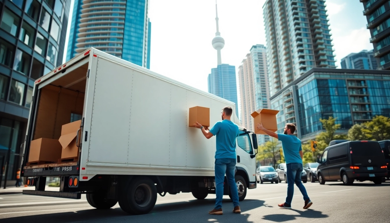 Movers in Toronto area efficiently loading a truck with belongings against the Toronto skyline.