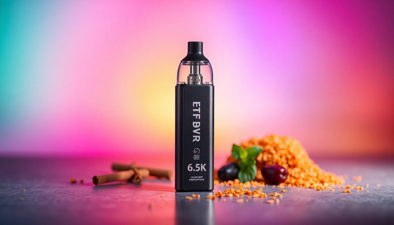 Showcasing the FIFTY BAR 6.5K disposable vape device with vibrant colors and dynamic lighting.