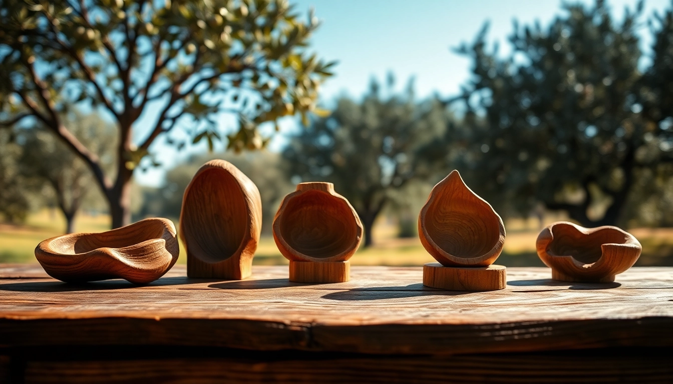 Showcasing olive wood carvings with intricate details and artisanal craftsmanship