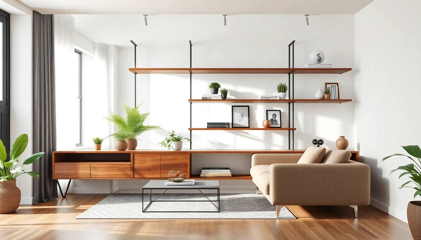 Showcasing a Minimalist wall rack displaying decorative items in a modern living room setting
