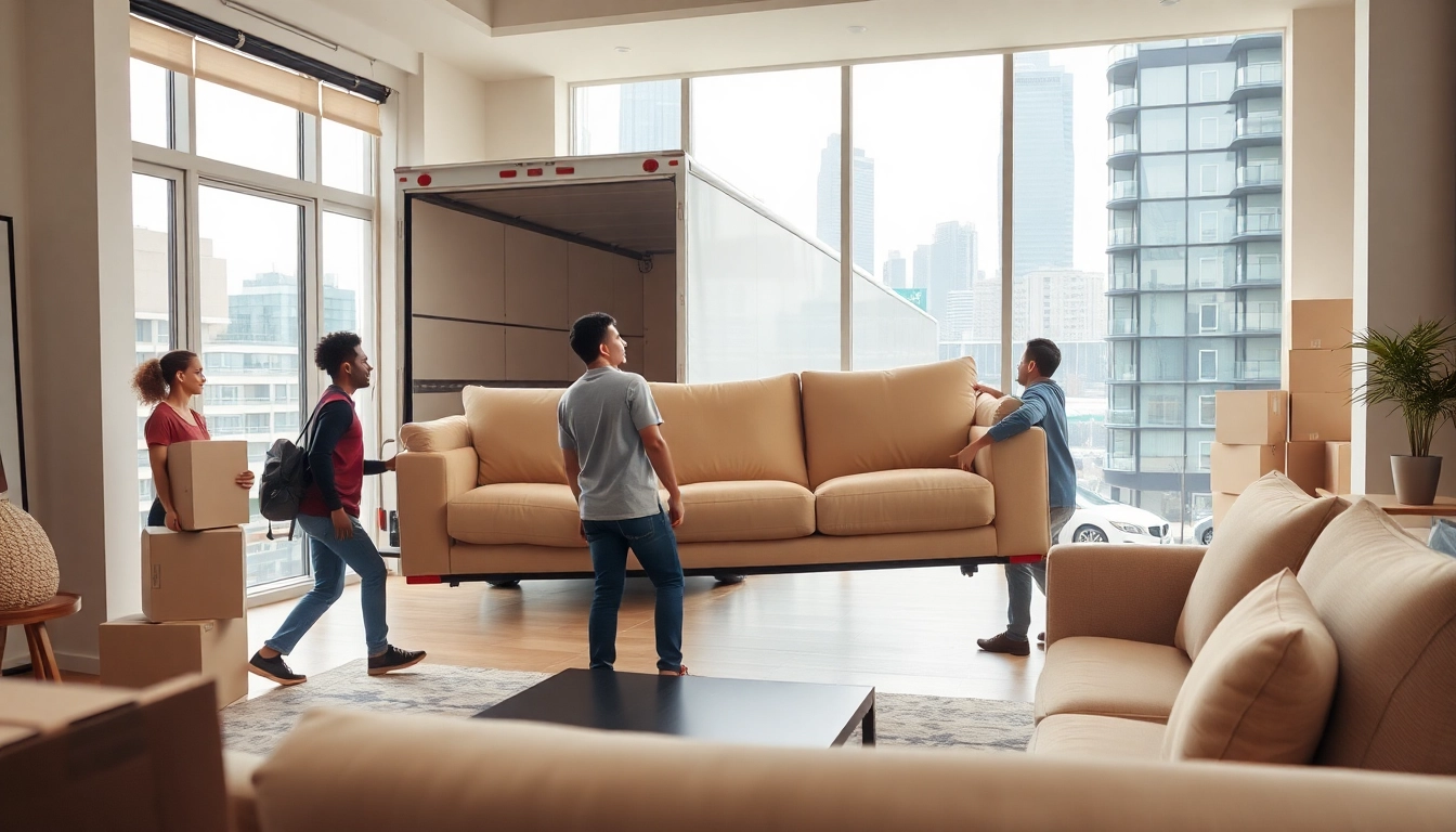 Movers in Toronto efficiently handling a large sofa in a bright urban apartment.