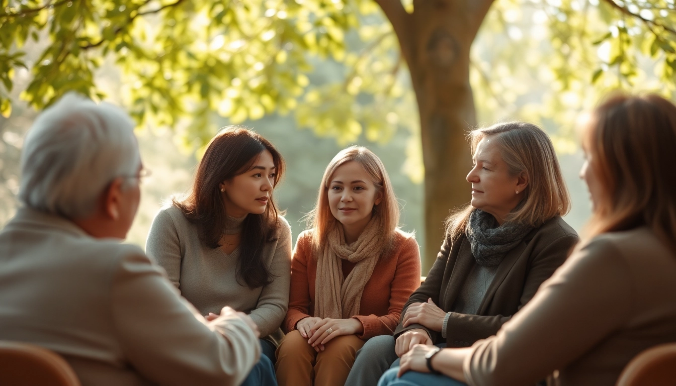 Individuals engaged in support discussions on dealing with grief in a serene setting.