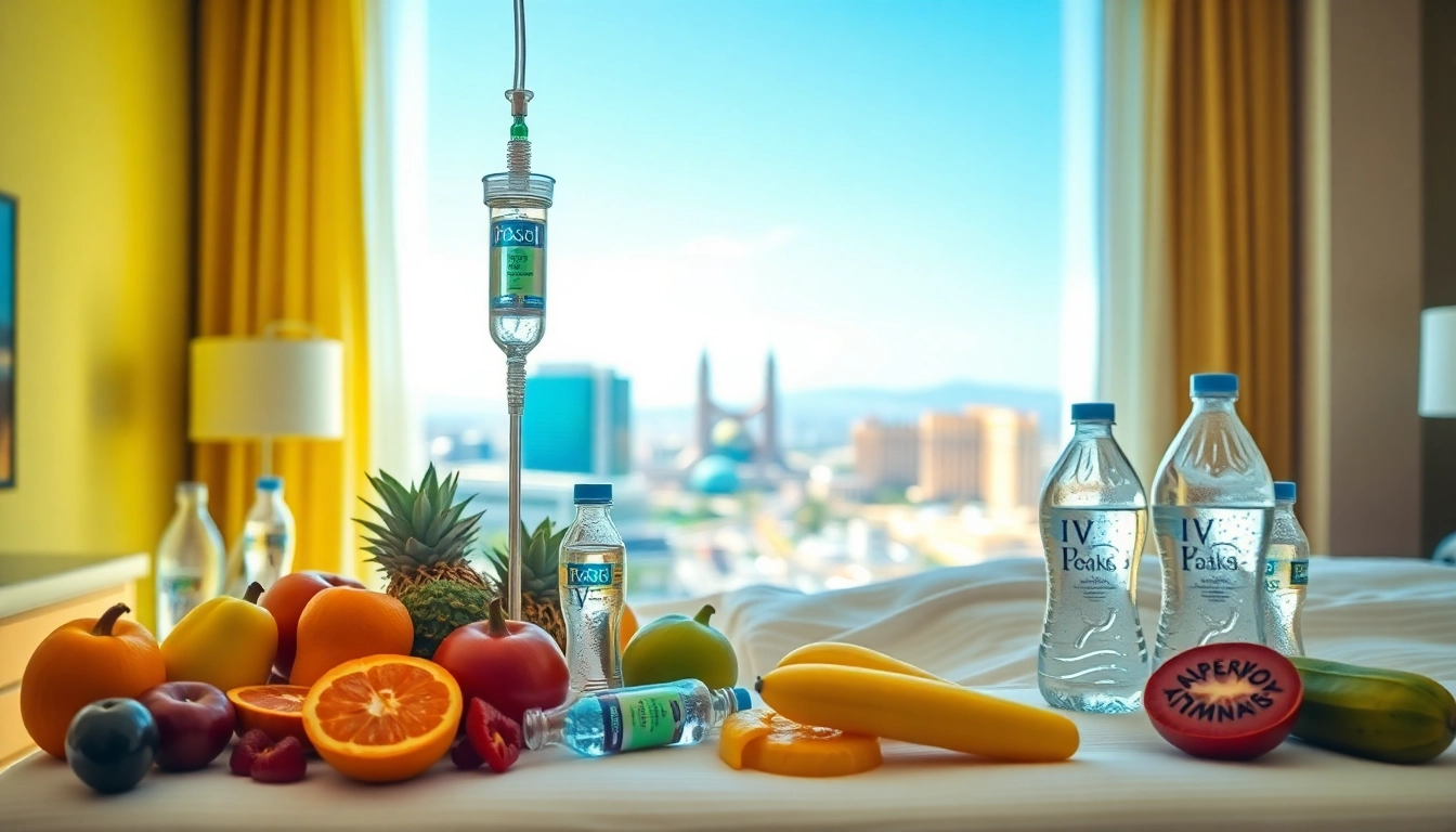 Patient receiving a vegas iv treatment in a modern hotel room with a view of the Las Vegas skyline.