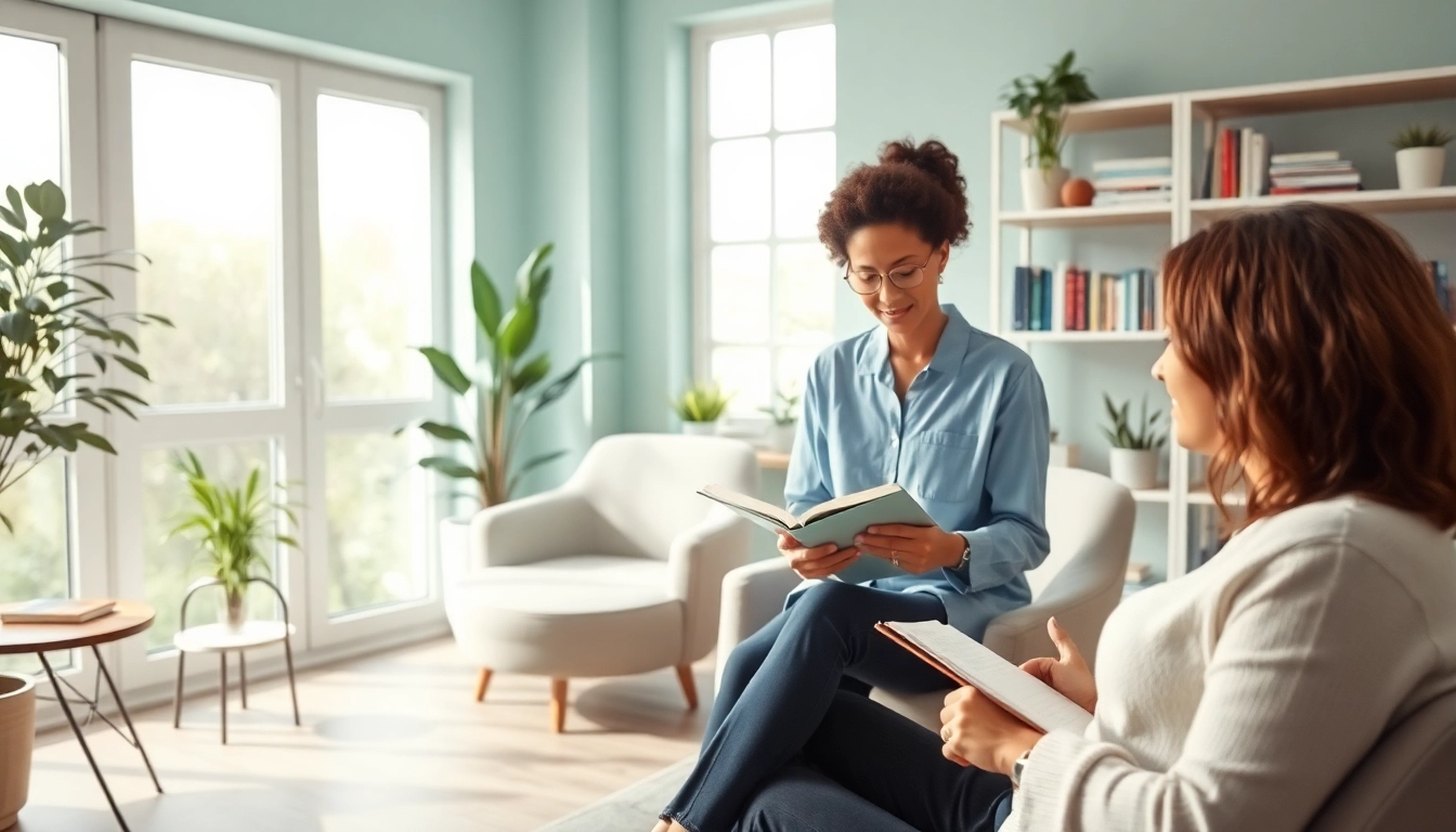 Illustration of healing trauma in a cozy therapy room focused on client-therapist interaction.