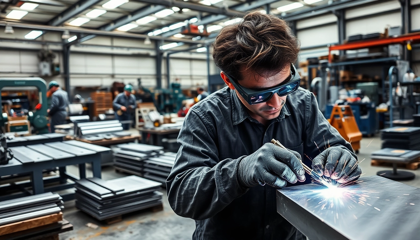 Engineers performing custom steel fabrication in a modern workshop with machines.