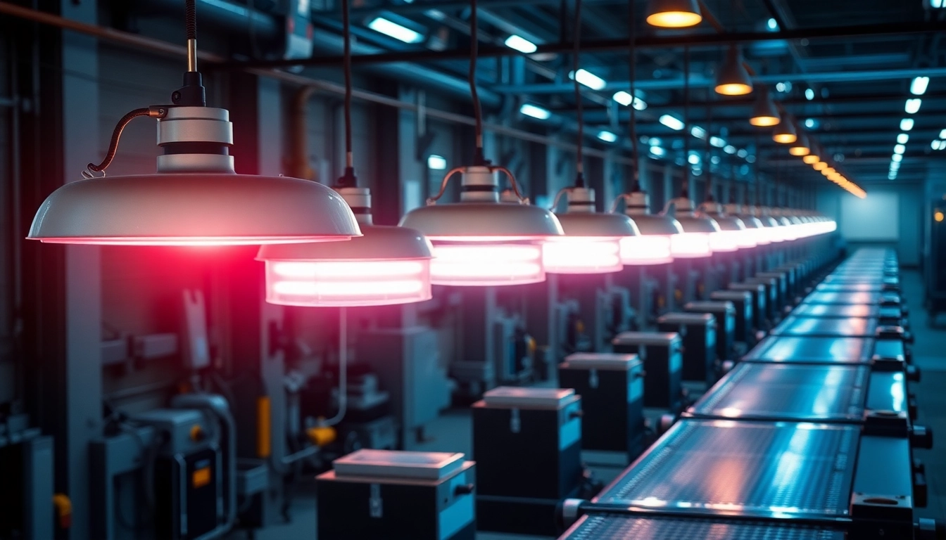 industrial heat lamps enhancing productivity on an assembly line with vibrant, warm light.