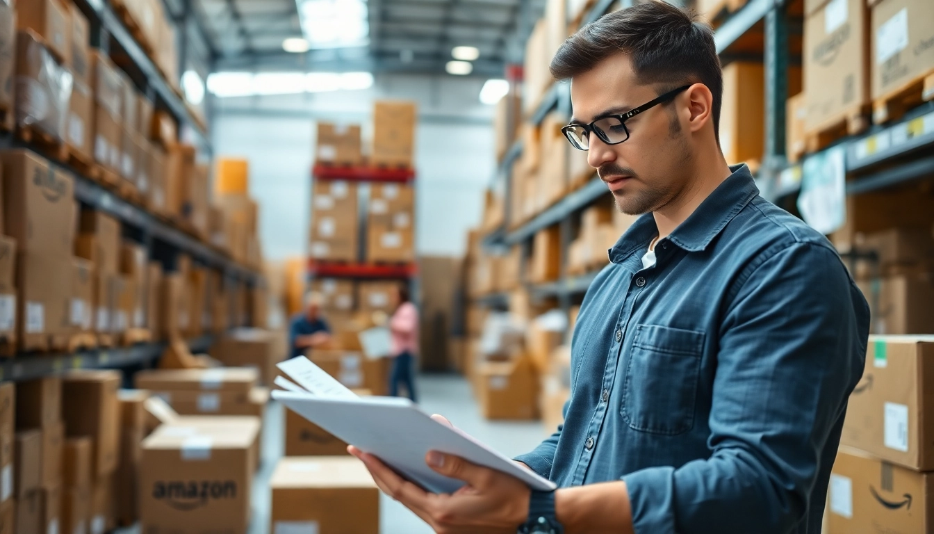 Analyze Amazon FBA wholesale inventory in a vibrant warehouse setting for business success.