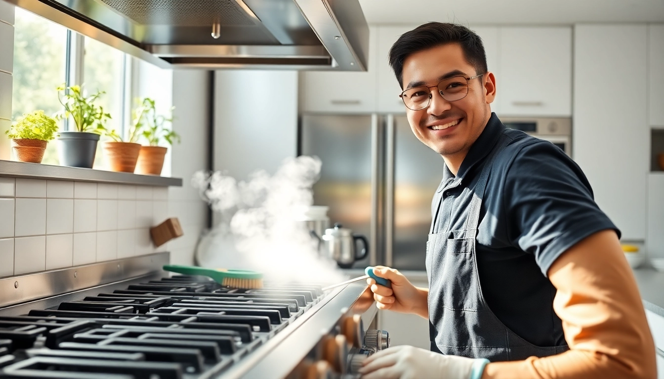 Ensure thorough Restaurant Cooking Appliance Cleaning with a focused technician in a bright kitchen.