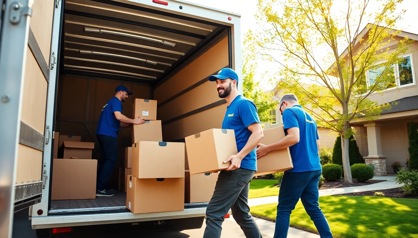 Professional movers Calgary efficiently loading a truck in a friendly neighborhood setting.